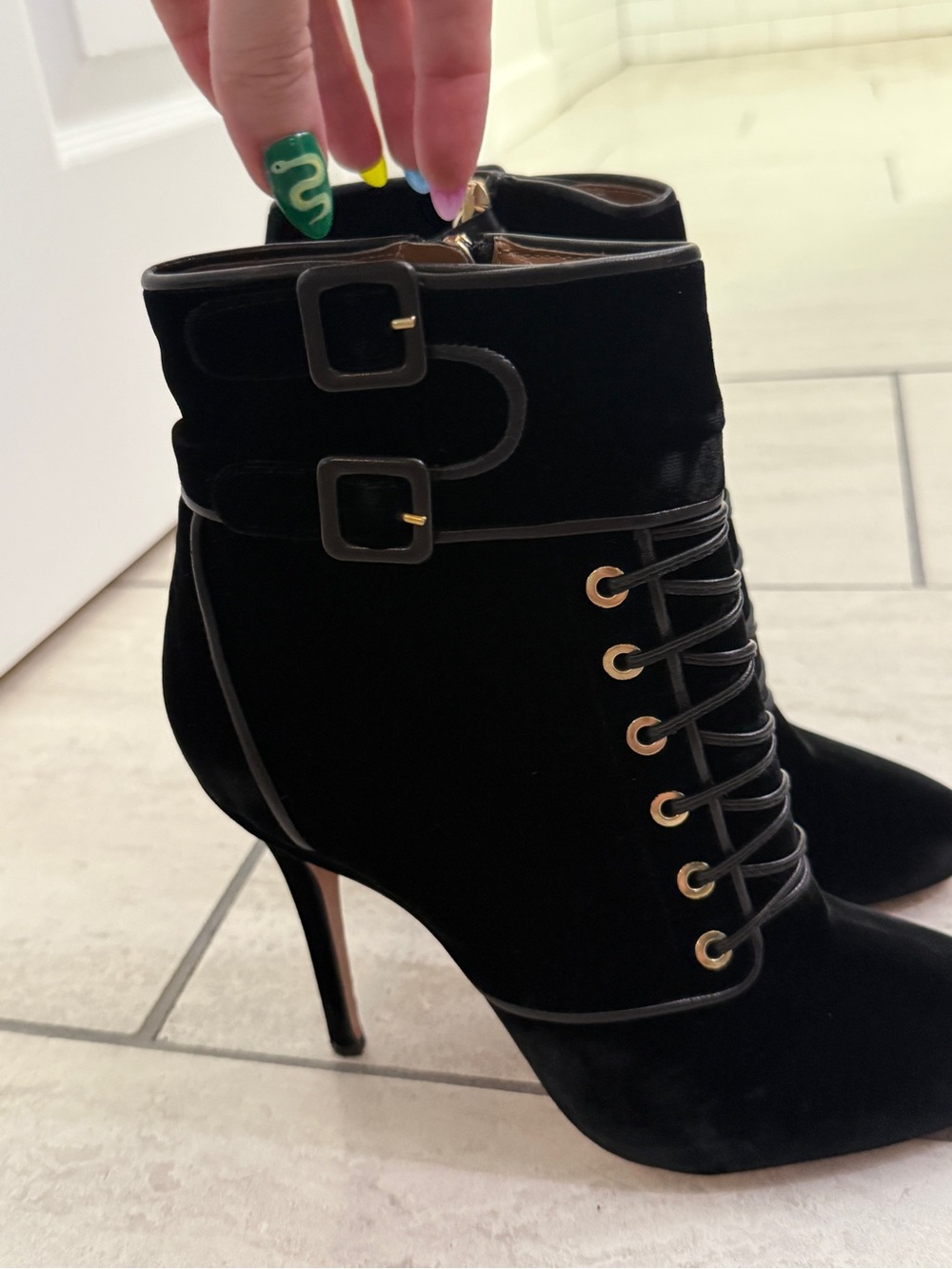 Aquazzura Black Velvet Lace-Up Ankle Boots | size 38.5 or US size 8 - Picture 7 of 16